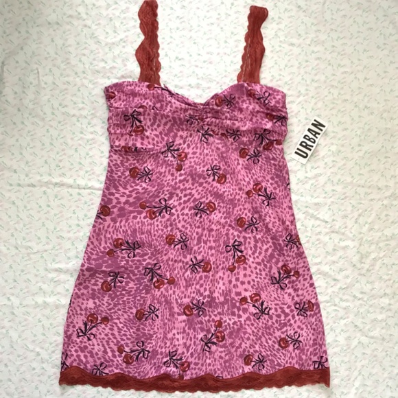 NWT Out From Under Mon Amor Lace Strap Mesh Slip Dress L Blush Pink Red Cherry - Picture 13 of 13